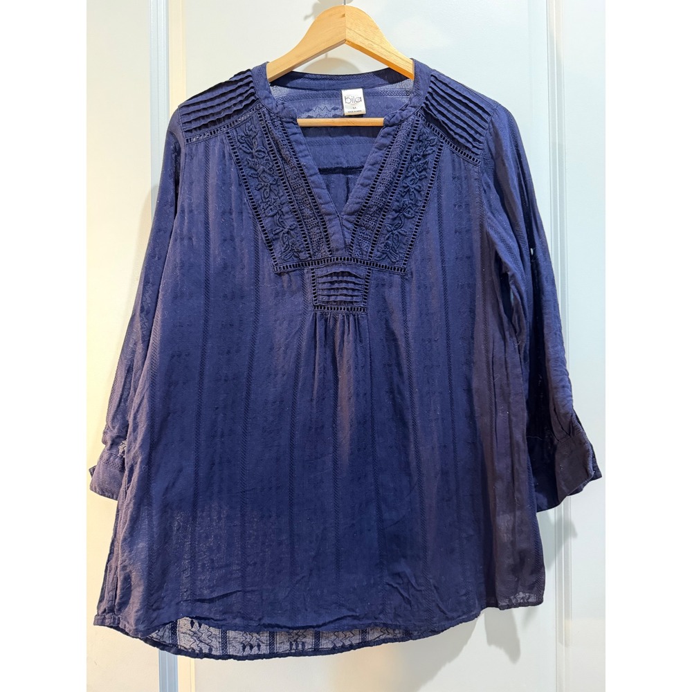 Bila Navy Blue Embroidered Cotton Peasant Blouse Boho V-Neck Top Medium Festival